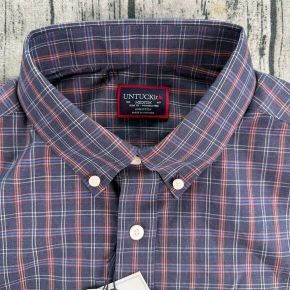Men's Casual Button Down Shirt - Blue and Red Plaid - Picture 3 of 12